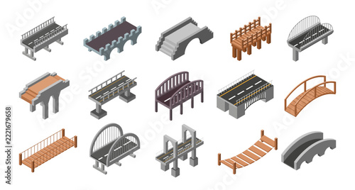 Isometric bridge set. Road and pedestrian bridges design in concrete and wood, transport infrastructure elements, construction and architectural object vector cartoon isolated illustration