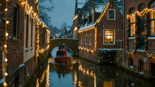 A small boat travels along a canal beneath