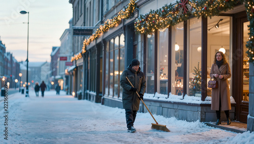 A man clears snow from a sidewalk as