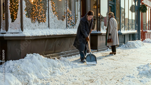 A man clears snow from a sidewalk as