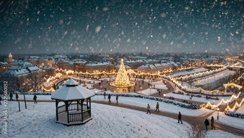 A snowy city panorama glows at night around