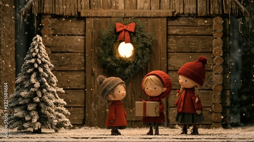 Children in winter clothes holding gifts near a cabin decorated for Christmas in a snowy setting