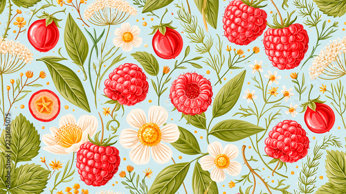 Seamless pattern with tea leaves, raspberries, and acerola berries, wallpaper decor