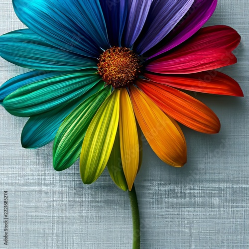 Color spectrum flower with vibrant rainbow petals showcasing gradient transitions and artistic botanical design on textured surface