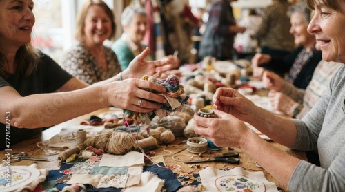 local craft club activity Group of women crafting together with yarn and sewing materials at table
