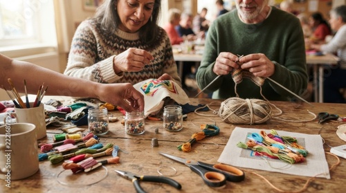 local craft club activity Two people knitting and crafting with yarn and supplies on a table.