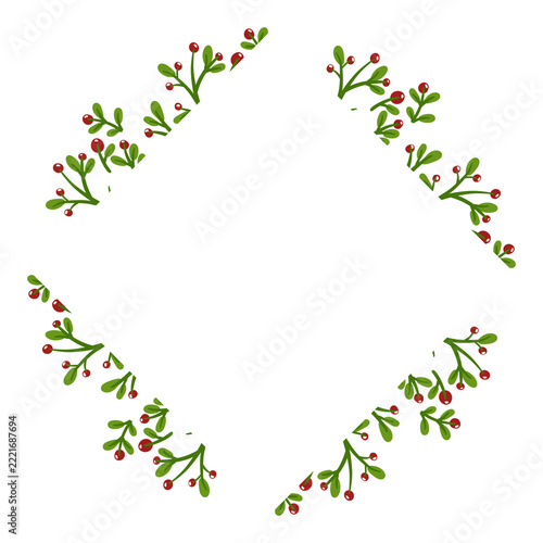 Hand drawn Christmas holly berry branch diagonal corner frame isolated on transparent background