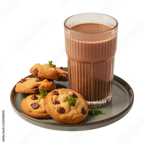 Chocolate chip cookies and glass of chocolate milk isolated on transparent background