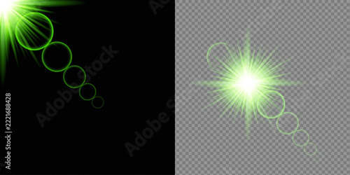 Dynamic light effects with vibrant green flares and bokeh creating a visually stunning and energetic atmosphere