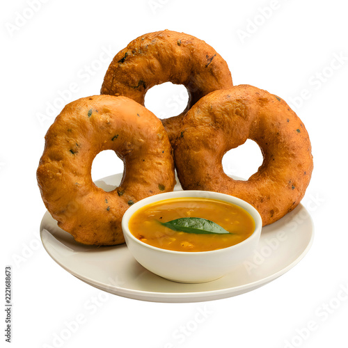 Medu Vada with Sambar isolated on transparent background, traditional South Indian breakfast food cutout