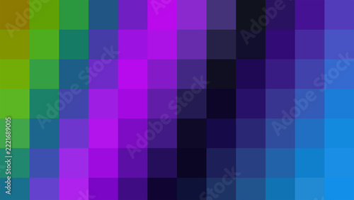 Abstract pixel art pattern with a vibrant gradient of purple blue green and dark colors arranged in a square grid mosaic design for digital backgrounds and creative graphic design projects