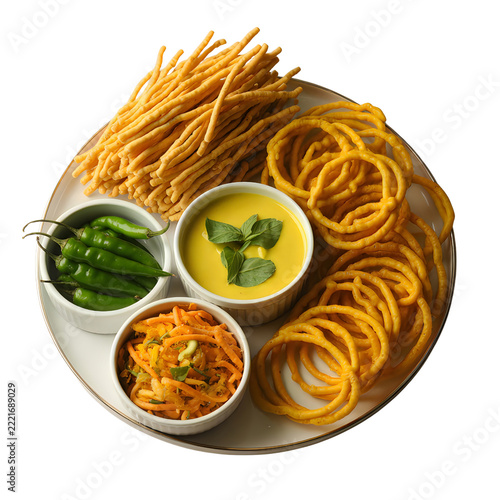 Indian snacks platter with sev and murukku isolated on transparent background