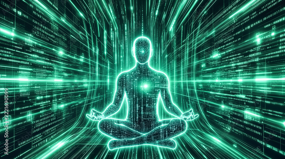 Fototapeta premium Glowing digital silhouette meditating in virtual reality tunnel. Artificial intelligence and data consciousness concept.