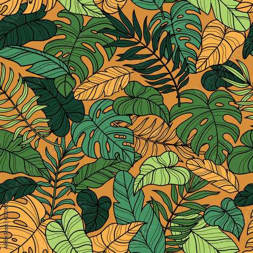 Seamless pattern with palm leaves on orange background
