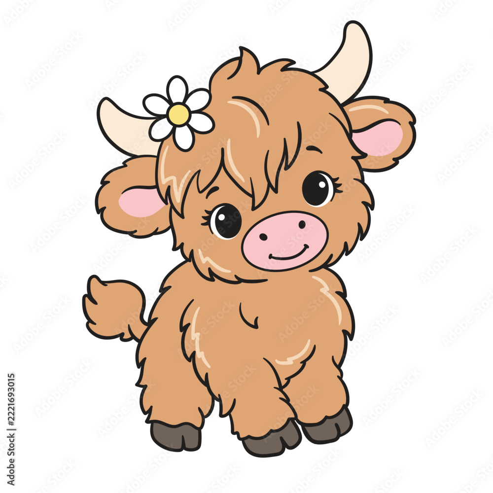 Obraz premium Cute baby highland cow with daisy flower on head. Fluffy scottish calf cartoon character standing vector art