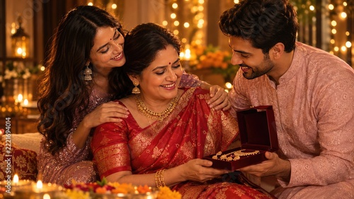 Happy young Indian couple presenting a beautiful jewelry gift to their mother during Diwali,