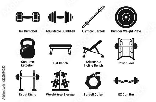 Collection of fitness and gym icons featuring dumbbells, barbells, kettlebells, weight plates, benches, and workout equipment in black and white vecto