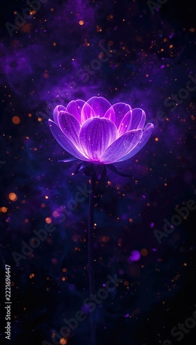 Neon Flower Blooming In Dark Space With Purple Cyan And Gold Light