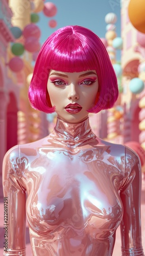 Futuristic glossy resin doll with chrome makeup in vibrant candy colored utopian city