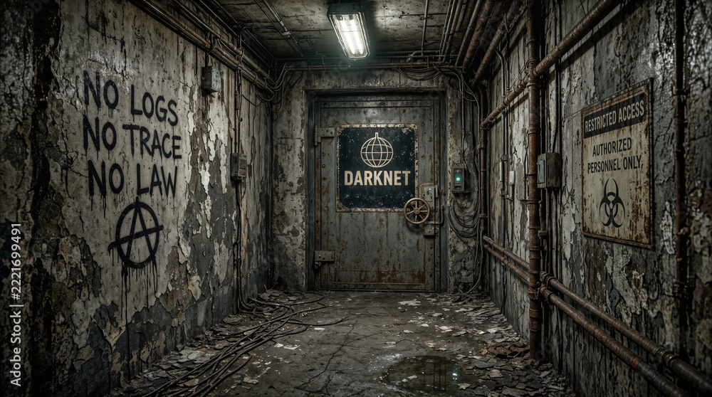 Fototapeta premium Grungy underground corridor leading to heavy metal door with darknet sign. Abandoned industrial bunker with anarchy graffiti and restricted access warnings.