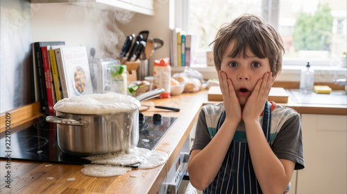 Little child looking shocked as pot boils over on stove. Kitchen accident during cooking lesson at home.