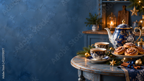 Blue Porcelain Tea Set with Golden Christmas Accents