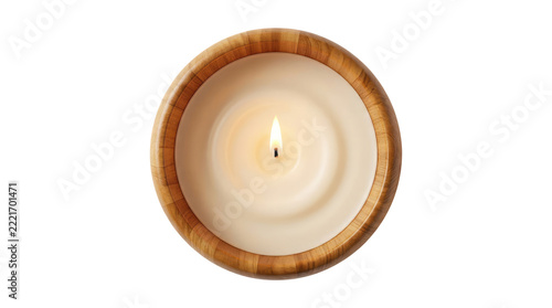 Top down direct overhead view of a single lit white wax candle burning brightly with a glowing orange flame inside a round natural wooden bowl container isolated against a pure white background