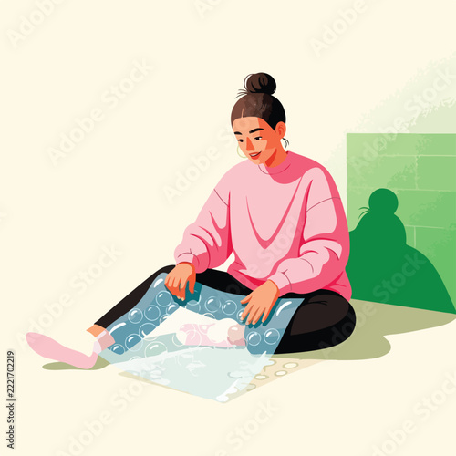 Person sitting and popping bubble wrap