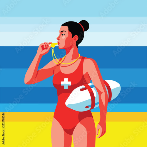 Female lifeguard with rescue tube and whistle on beach