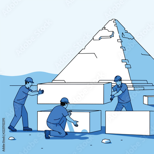 Workers build a pyramid by moving large stone blocks
