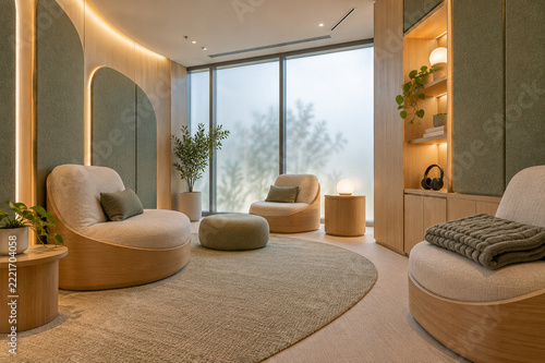 Modern living room interior with luxury furniture, sofa, armchair, and warm cozy fireplace