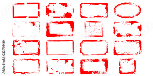 A collection of grunge red rectangular and oval frames with distressed edges, perfect for adding a vintage or textured touch to designs.