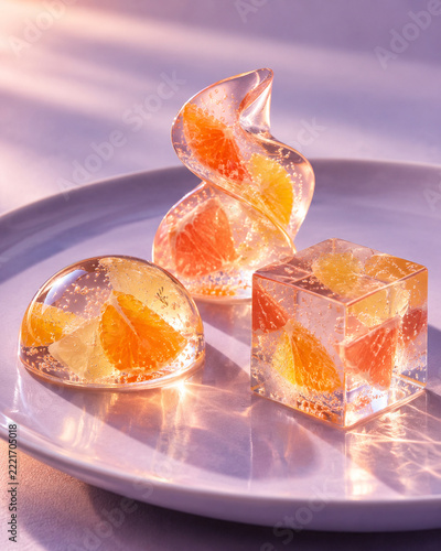 Fresh Orange Jelly Candies and Slices on a Plate Isolated on White Background