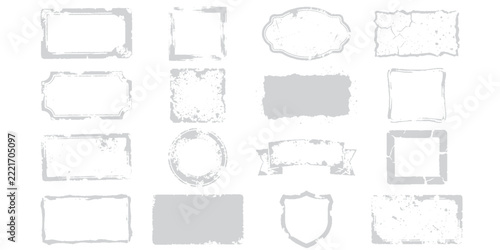 A collection of distressed, grunge-style frames and banners in various shapes and sizes, perfect for adding a vintage or textured element to designs.