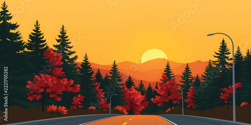 Autumn mountain road at sunset with red foliage trees, pine forest and street lamp in warm orange landscape