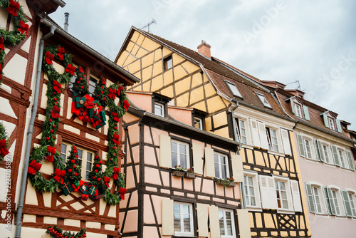 Christmas decorations on the houses in Colmar