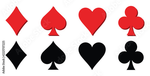 Playing card suit symbols, Diamond, Spade, Heart, Club. Gambling and game icons. Red and black card suits