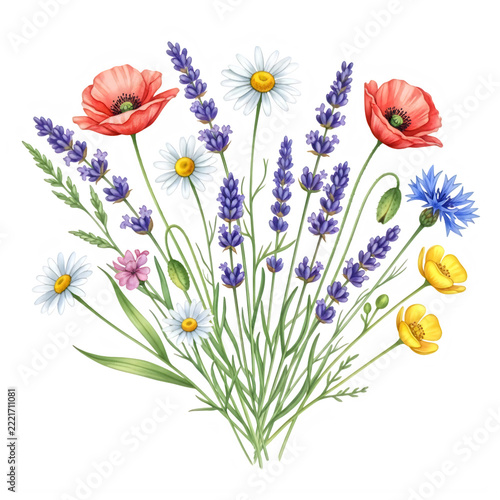 A bouquet of colorful flowers including poppies and lavender
