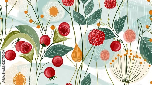 Stylish decorative ornament  seamless pattern with tea leaves, raspberries, and acerola berries; sense of movement.