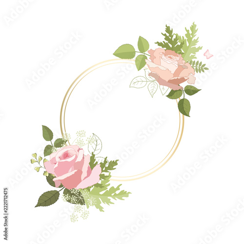 Soft pink roses, green foliage, and an elegant gold circle form a sophisticated decorative frame. Perfect for weddings, invitations
