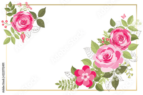 Soft pink roses, green foliage, and an elegant gold square form a sophisticated decorative frame. Perfect for weddings, invitations