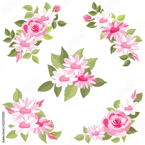 Soft pink roses, daisies, and green foliage form a decorative frame. Collection. Perfect for weddings, invitations