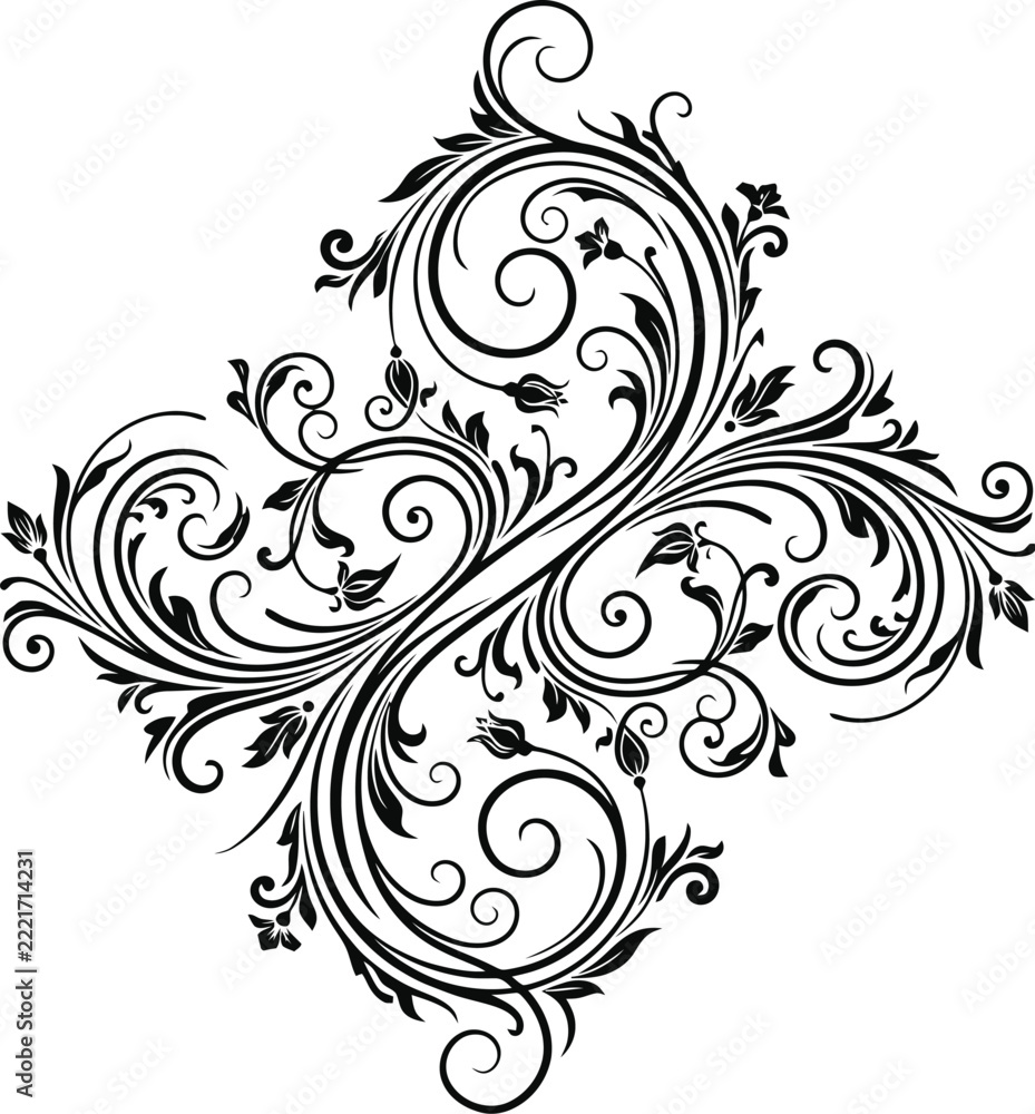 Fototapeta premium Black and White Floral Swirl with Ornamental Vines