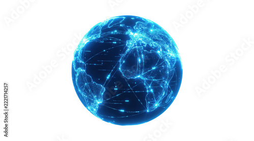 Blue digital globe featuring network connections and global technology.