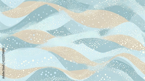 Seamless layered abstract wave pattern in mint, beige and soft blue tones with dotted texture, modern organic background and calm surface design