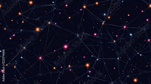 Seamless dark technology pattern with thin network lines and colorful glowing nodes, abstract digital connections, data visualization and futuristic surface design