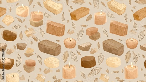 Seamless beauty pattern with soap bars, cosmetic jars, wooden pieces and botanical leaves, warm neutral skincare illustration and natural surface design