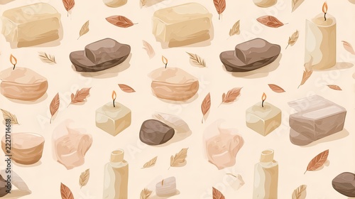 Seamless spa pattern with soaps, stones, wooden blocks and small wellness objects in warm beige tones, natural self care illustration and surface design