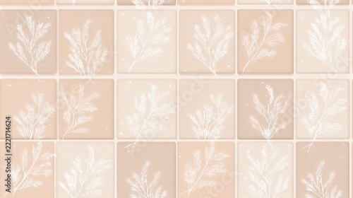 Seamless beige ceramic tile pattern with subtle botanical leaf motifs, soft vintage texture, neutral decorative background and elegant surface design
