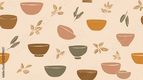 Seamless warm beige pattern with simple tea cups, bowls and botanical leaves, cozy kitchen illustration and minimal lifestyle surface design